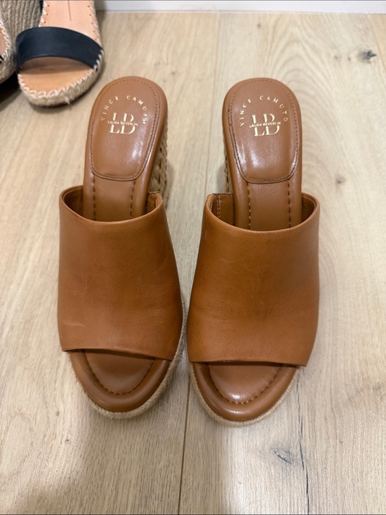 Vince Camuto Shoes - Vince Camuto Cognac Leather Wedge Slide Sandals
